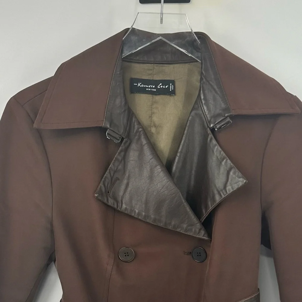 Kenneth Cole New York Midi Trench Coat Womens 42 6 Brown Belted Collar